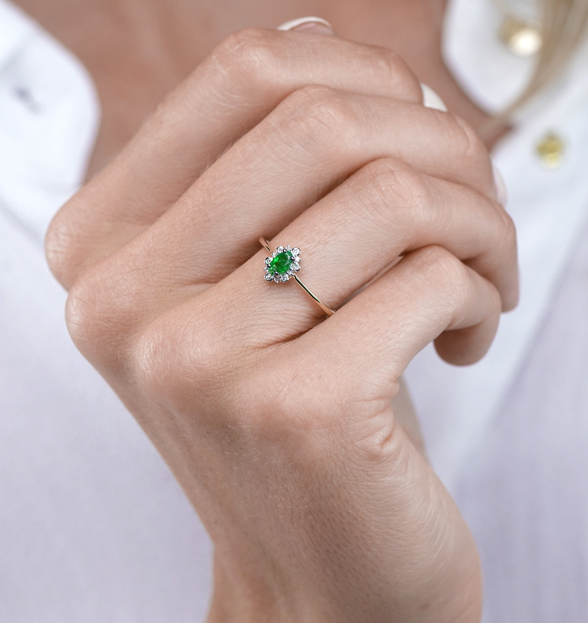 Emerald and Diamond Stellato Cluster Ring in 9K Gold