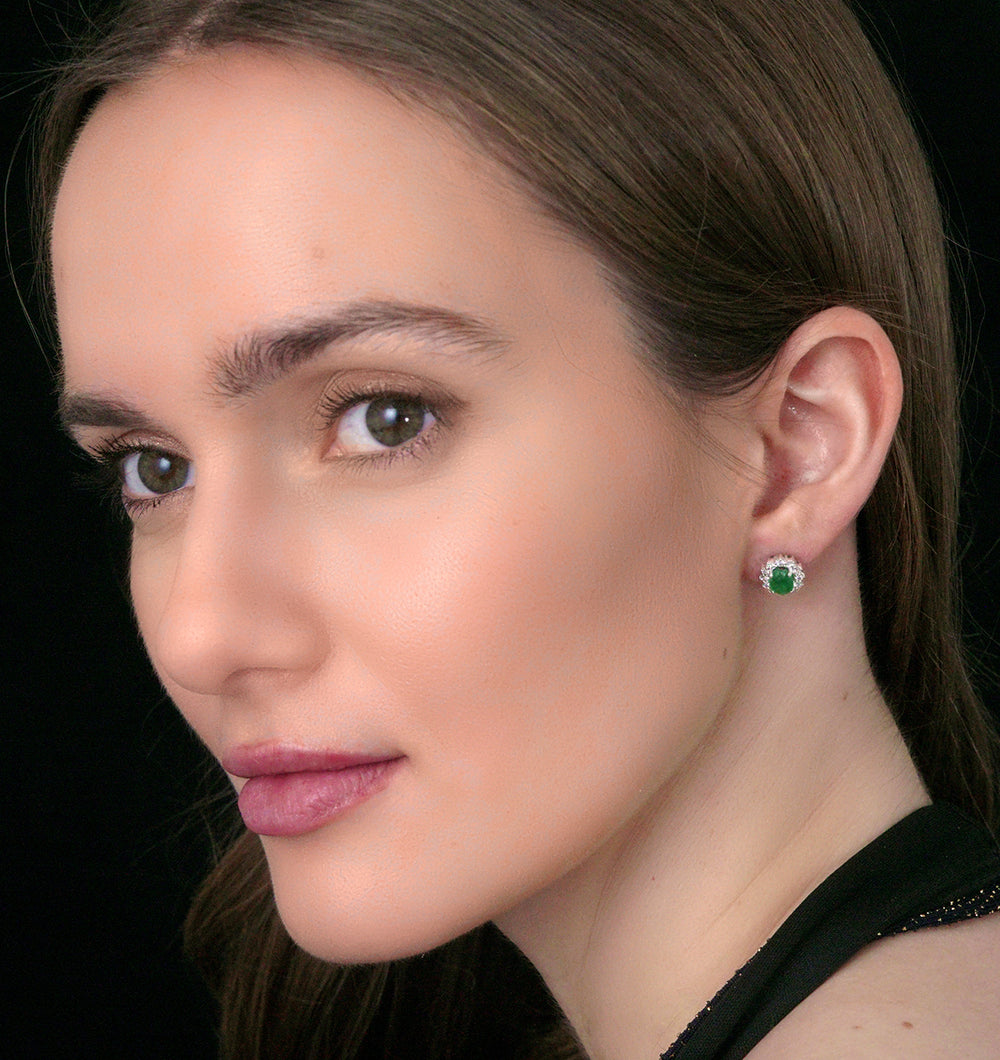 Emerald and Diamond Cluster Earrings 7 x 5mm in 18K White Gold