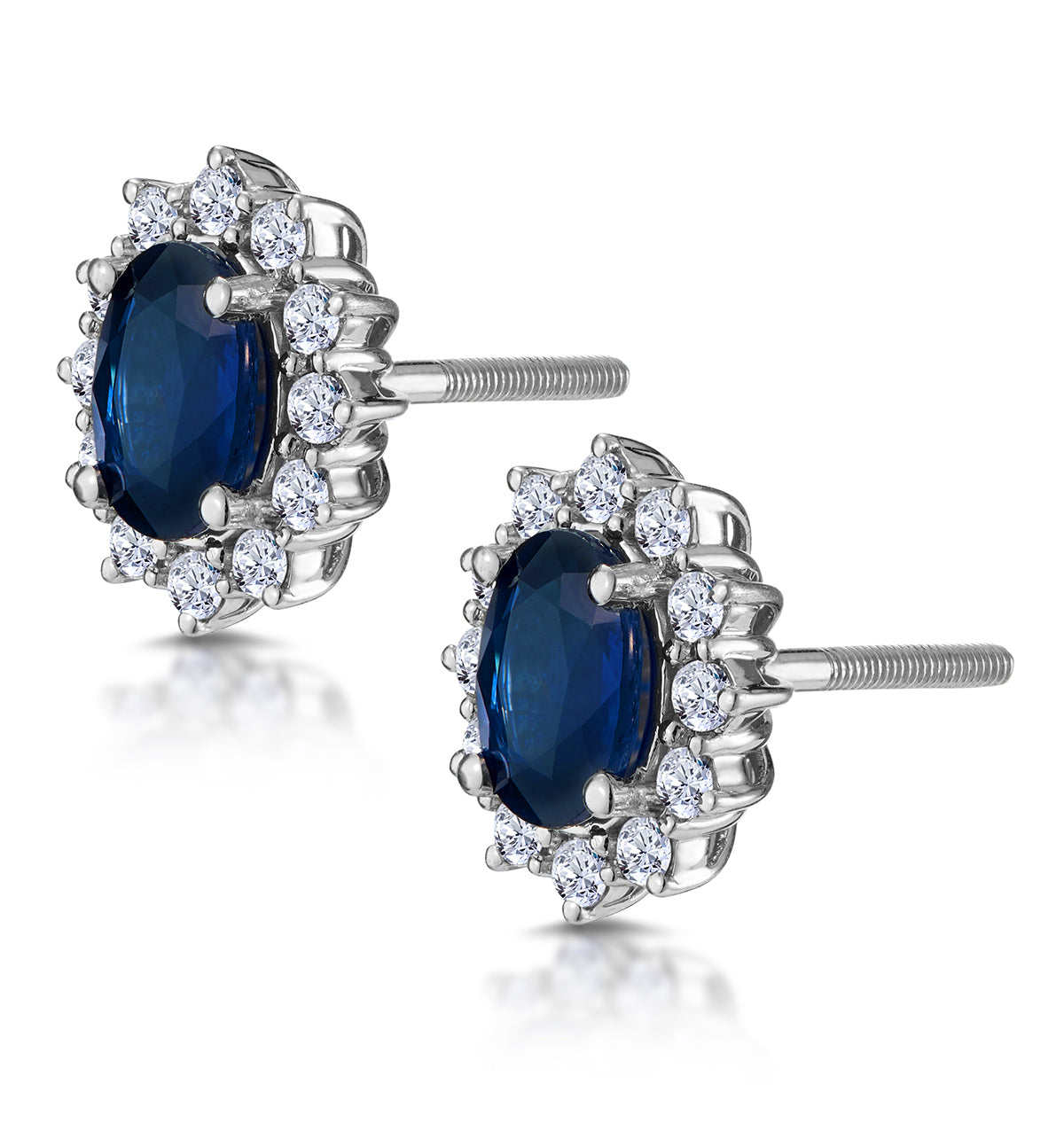 Sapphire and Lab Diamond Cluster Earrings 7 x 5mm in 18K White Gold