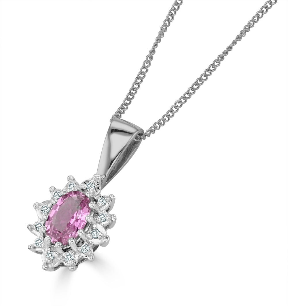 Pink Sapphire 6 X 4mm and Diamond 9K White Gold Pendant Necklace
