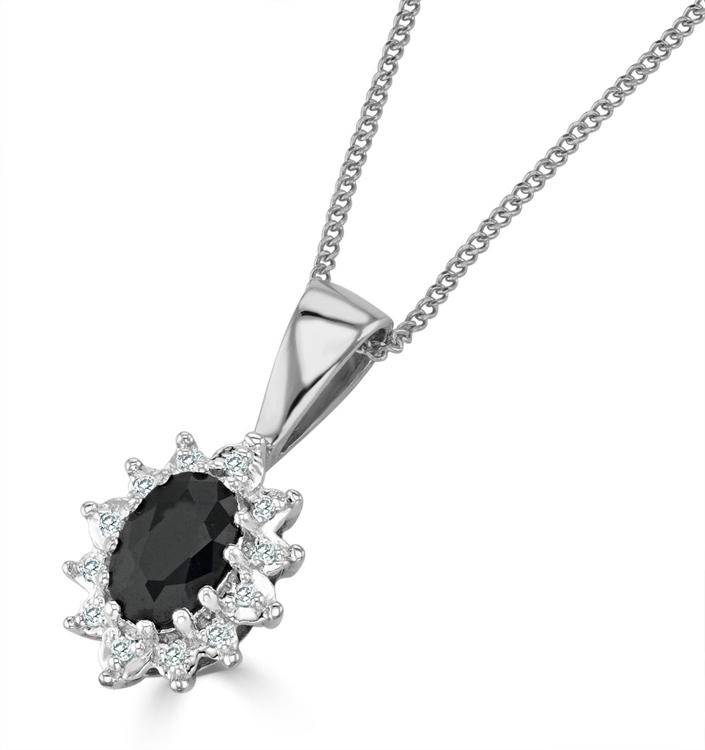Sapphire and Diamond Cluster Pendant Necklace 6x4mm in 9K White Gold