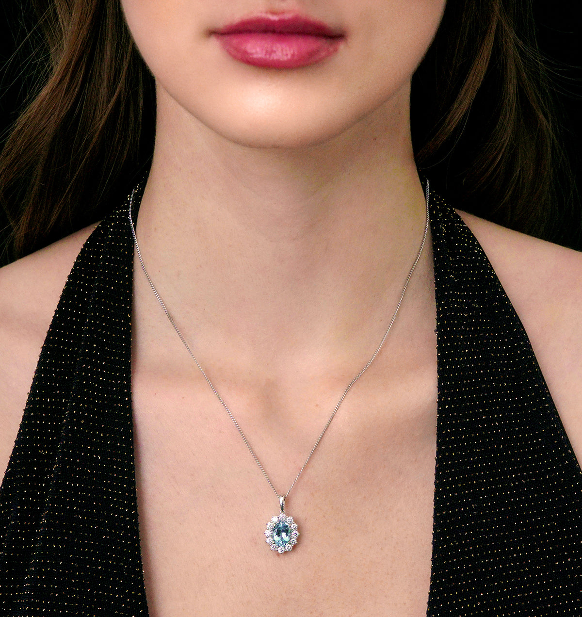 Aquamarine and Diamond Cluster Necklace Pendant 9x7mm 18K White Gold