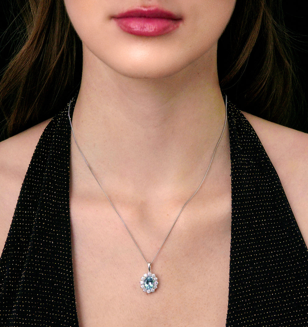 Aquamarine and Lab Diamond Cluster Necklace 9x7mm in 18K White Gold
