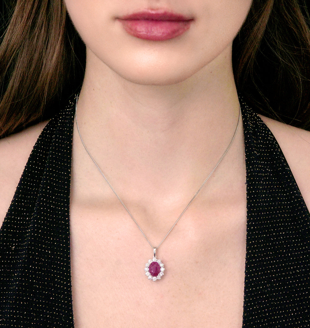 Lab Ruby 9x7mm and Lab Diamond Cluster Necklace Pendant in 18K White Gold
