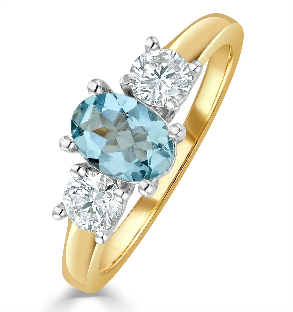 0.70ct Oval Cut Aquamarine and Lab Diamond 3 Stone Ring in 9K Yellow Gold