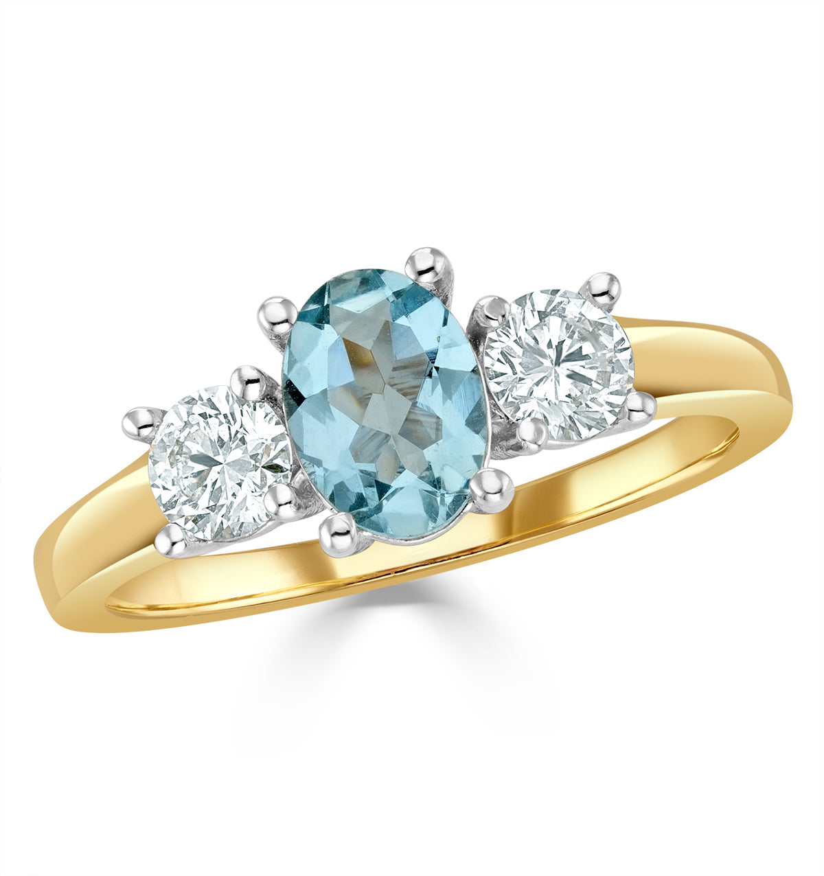 0.70ct Oval Cut Aquamarine and Lab Diamond 3 Stone Ring in 9K Yellow Gold