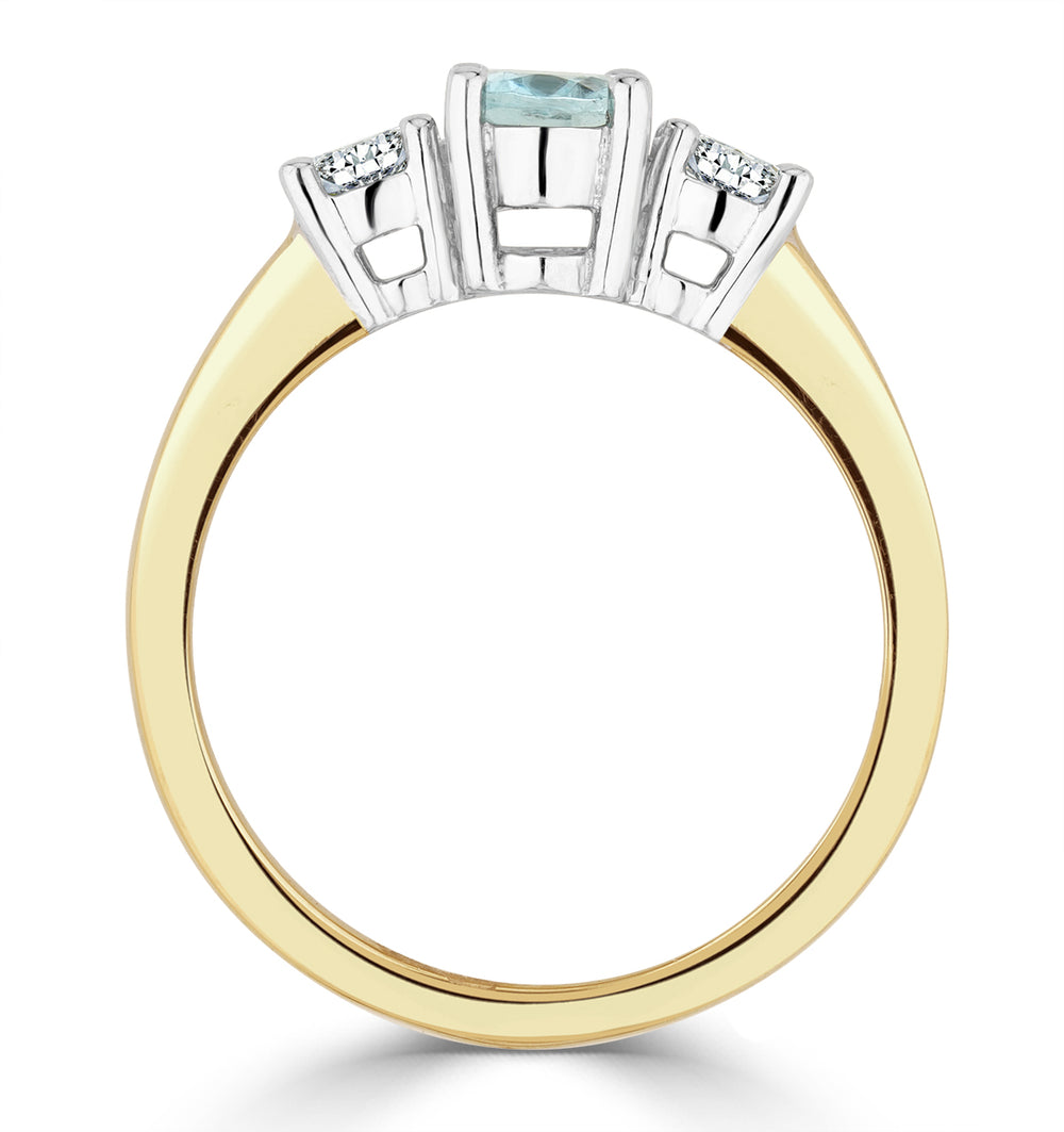 0.70ct Oval Cut Aquamarine and Lab Diamond 3 Stone Ring in 9K Yellow Gold