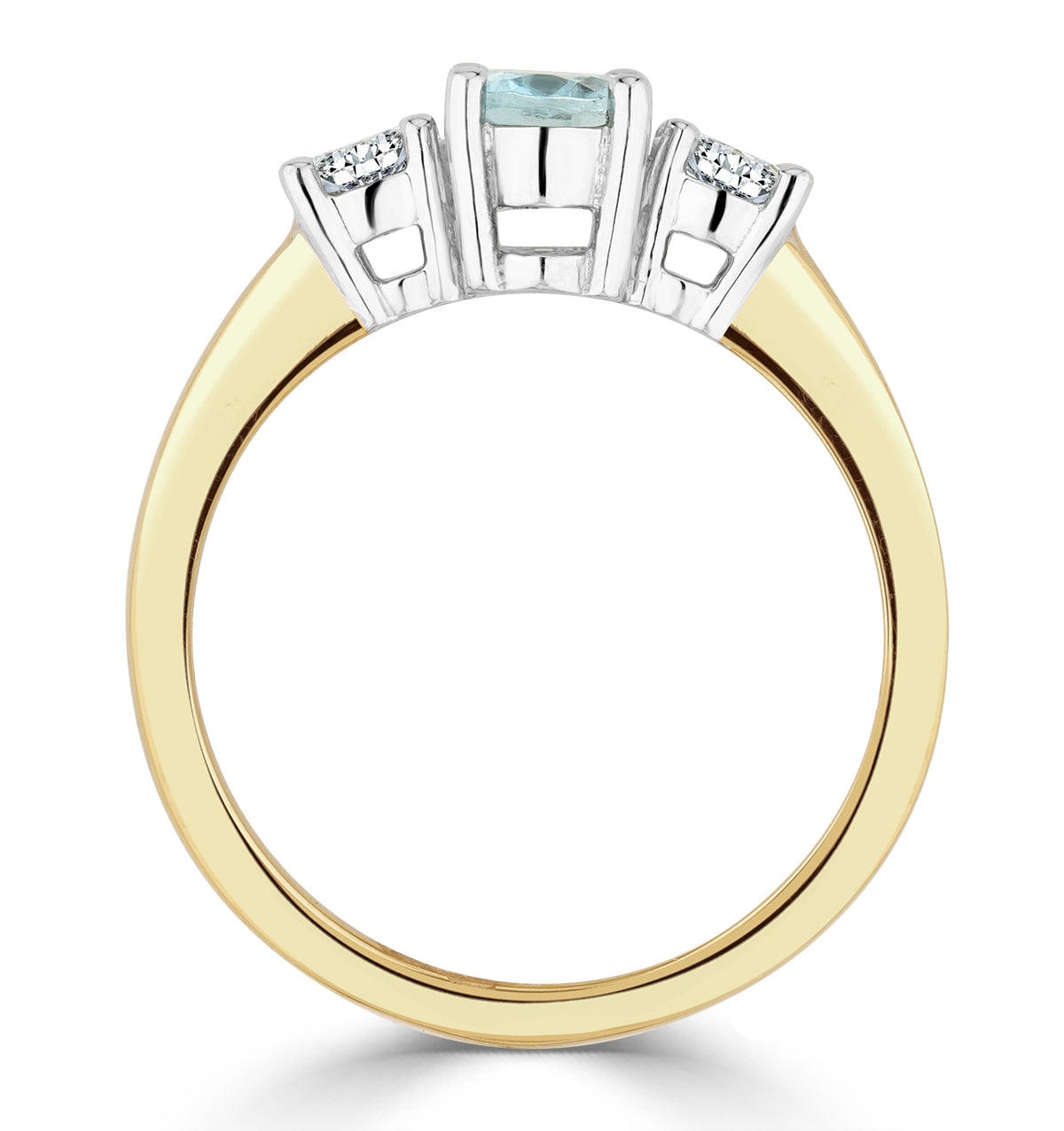 0.70ct Oval Cut Aquamarine and Lab Diamond 3 Stone Ring in 9K Yellow Gold