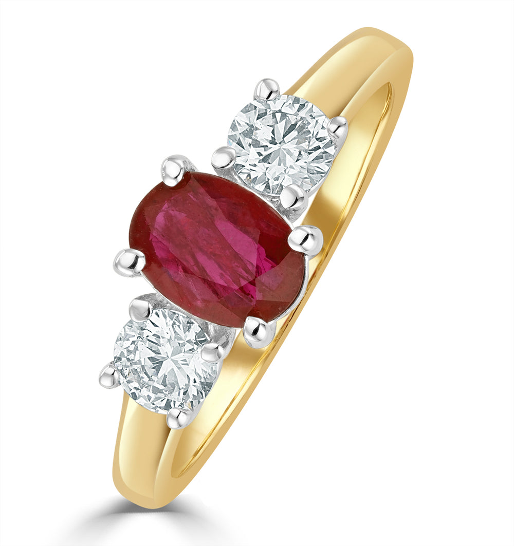 1.15ct Oval Cut Ruby and Lab Diamond 3 Stone Ring in 9K Yellow Gold