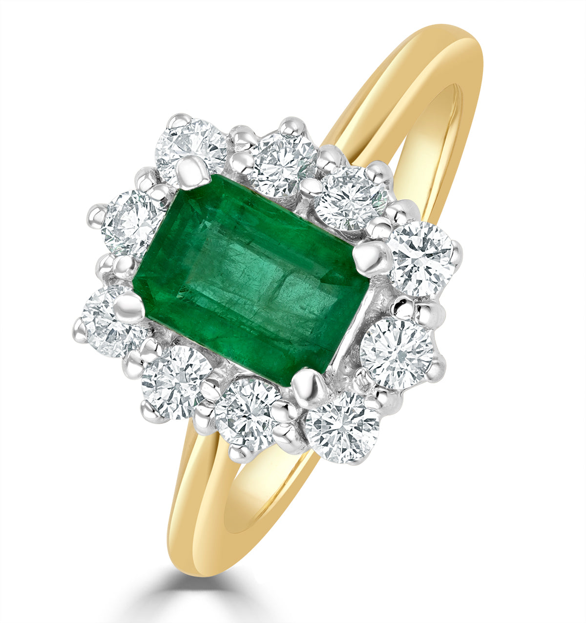 1.00ct Octagon Cut Emerald and Lab Diamond Halo Ring in 9K Yellow Gold