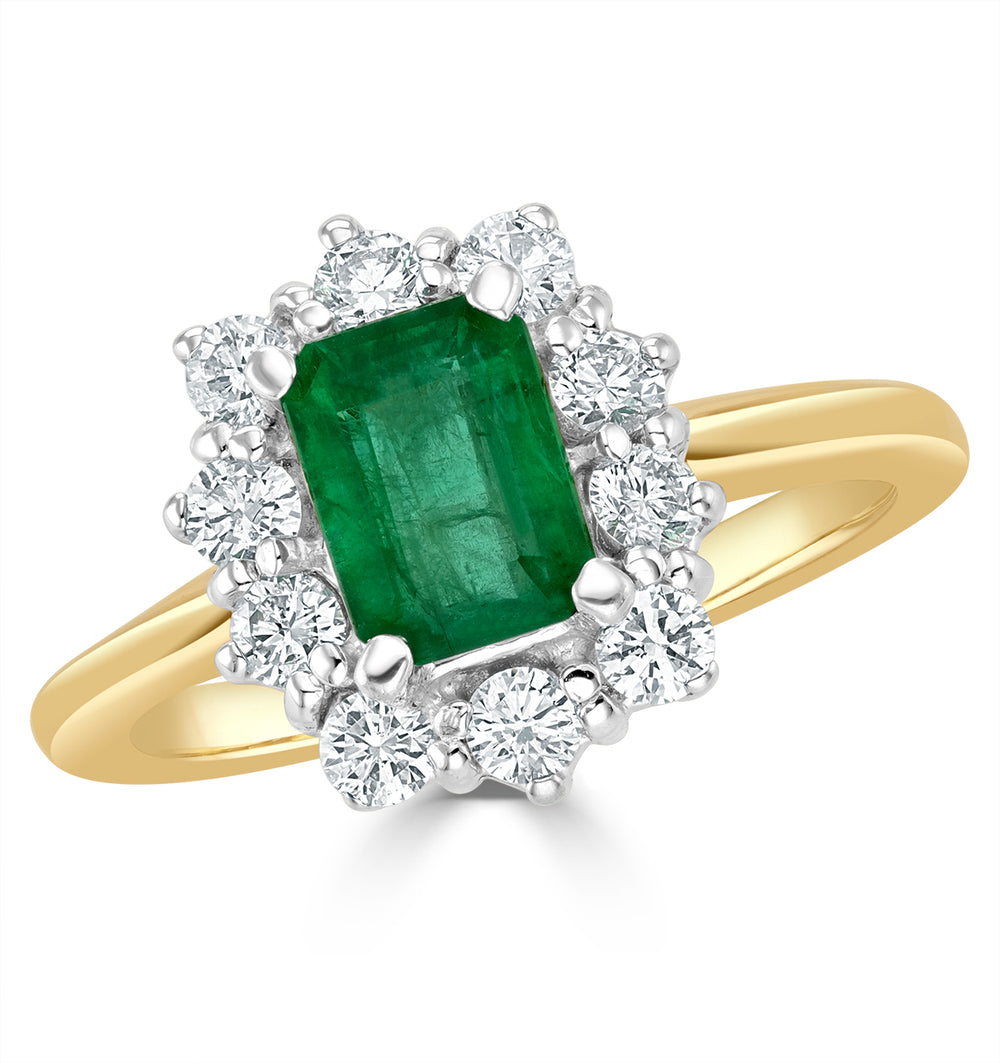 1.00ct Octagon Cut Emerald and Lab Diamond Halo Ring in 9K Yellow Gold