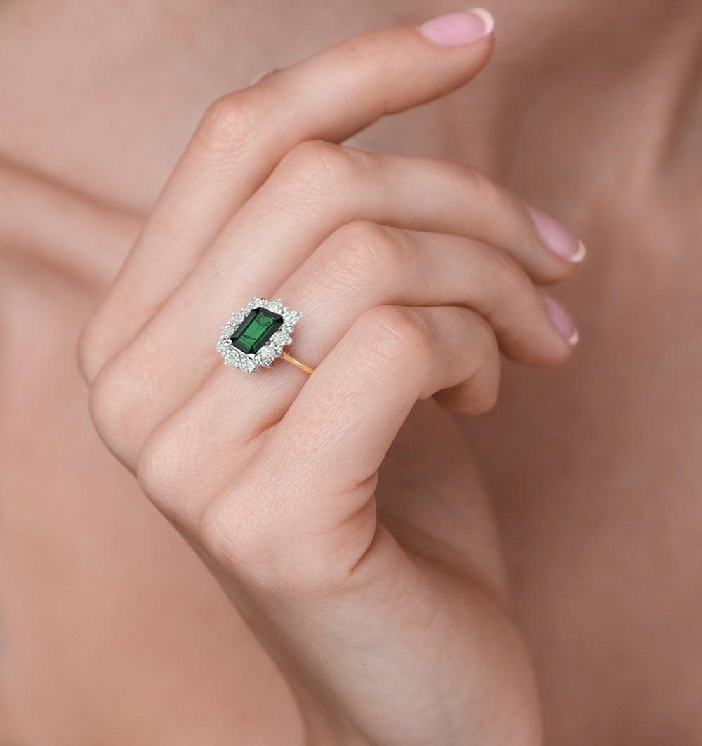 1.00ct Octagon Cut Emerald and Lab Diamond Halo Ring in 9K Yellow Gold