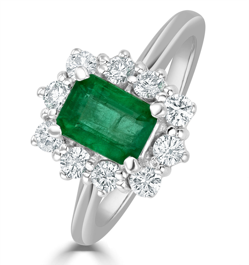 1.00ct Octagon Cut Emerald and Lab Diamond Halo Ring in 9K White Gold