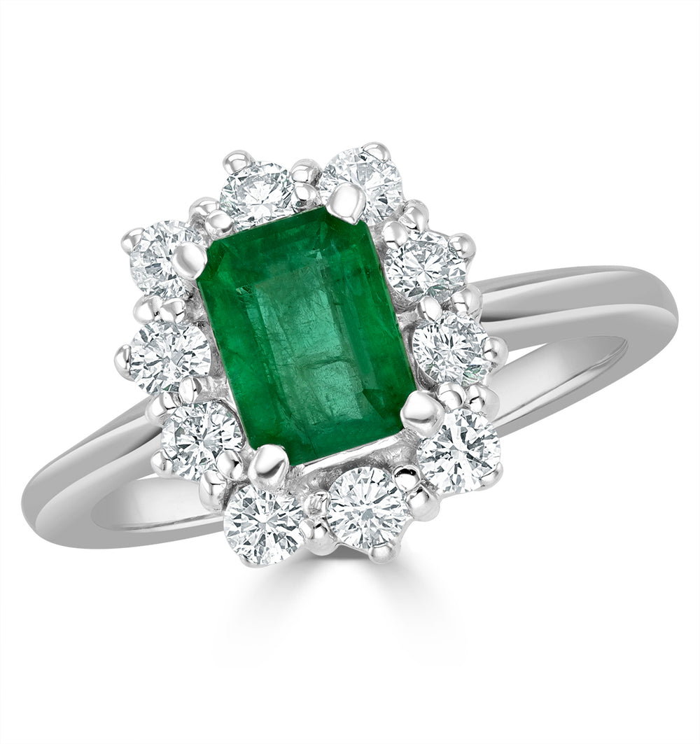 1.00ct Octagon Cut Emerald and Lab Diamond Halo Ring in 9K White Gold