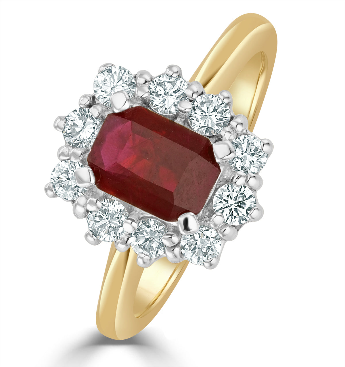 1.10ct Octagon Cut Ruby and Lab Diamond Halo Ring in 9K Yellow Gold Ring
