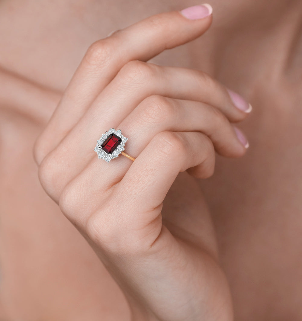 1.10ct Octagon Cut Ruby and Lab Diamond Halo Ring in 9K Yellow Gold Ring