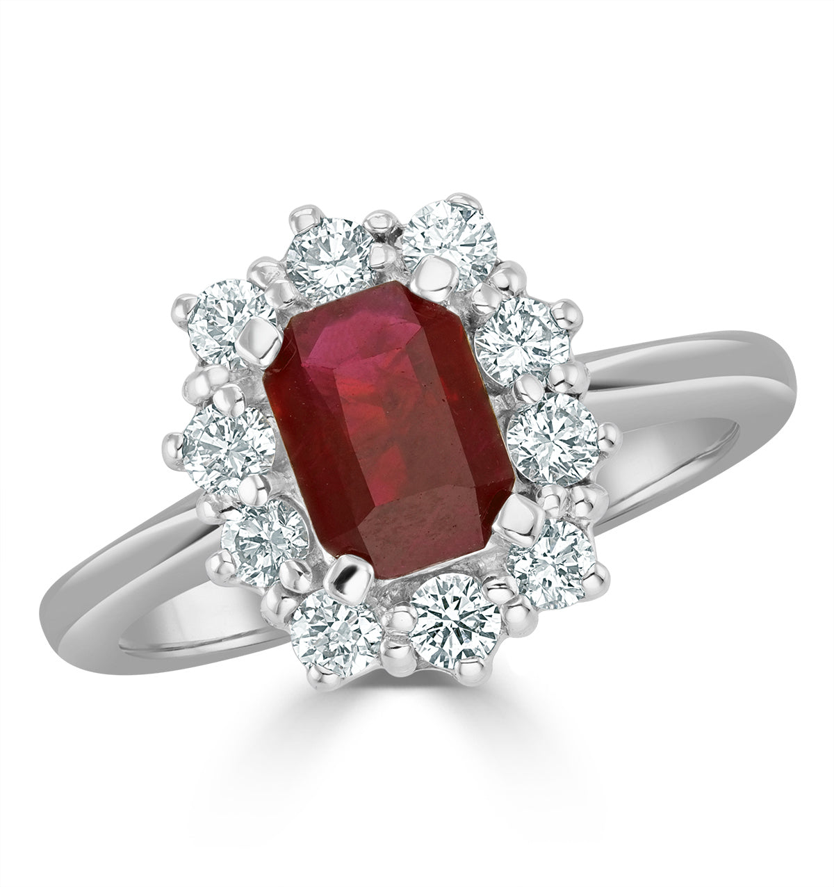 1.10ct Octagon Cut Ruby and Lab Diamond Halo Ring in 9K White Gold Ring