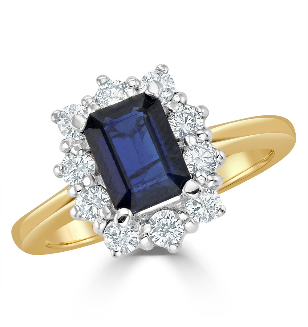 1.15ct Octagon Cut Sapphire and Lab Diamond Halo Ring in 9K Yellow Gold