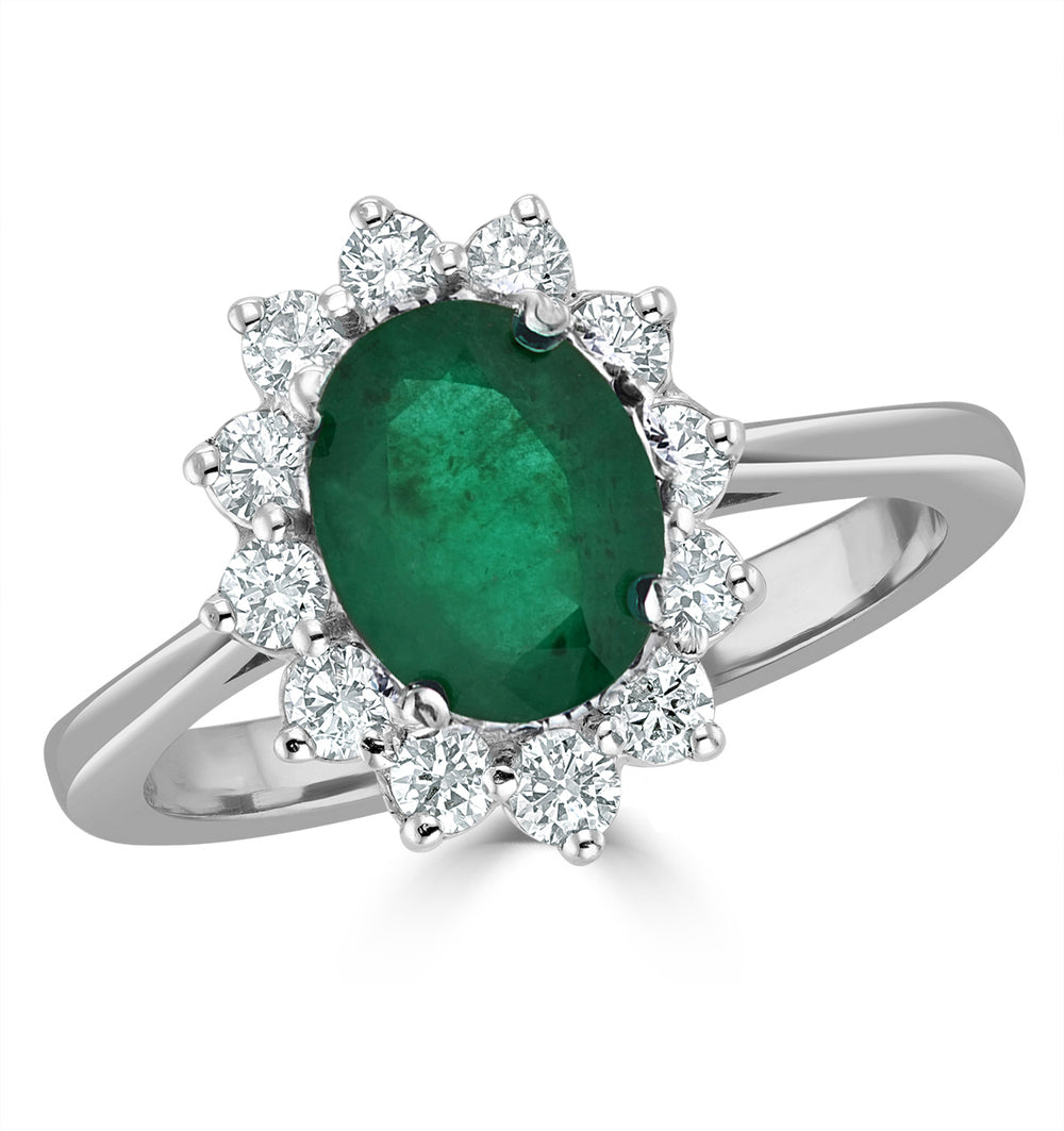 1.15ct Oval Cut Emerald and Lab Diamond Halo Ring in 9K White Gold