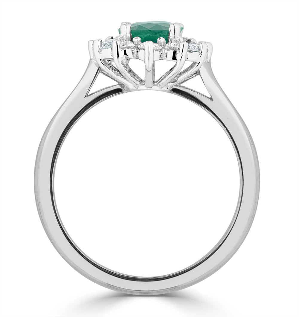 1.15ct Oval Cut Emerald and Lab Diamond Halo Ring in 9K White Gold