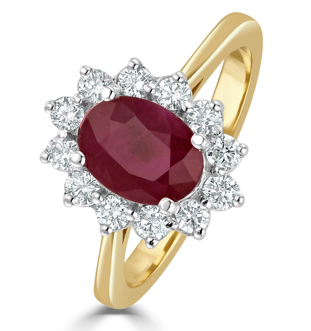1.35ct Oval Cut Ruby and Lab Diamond Halo Ring in 9K Yellow Gold