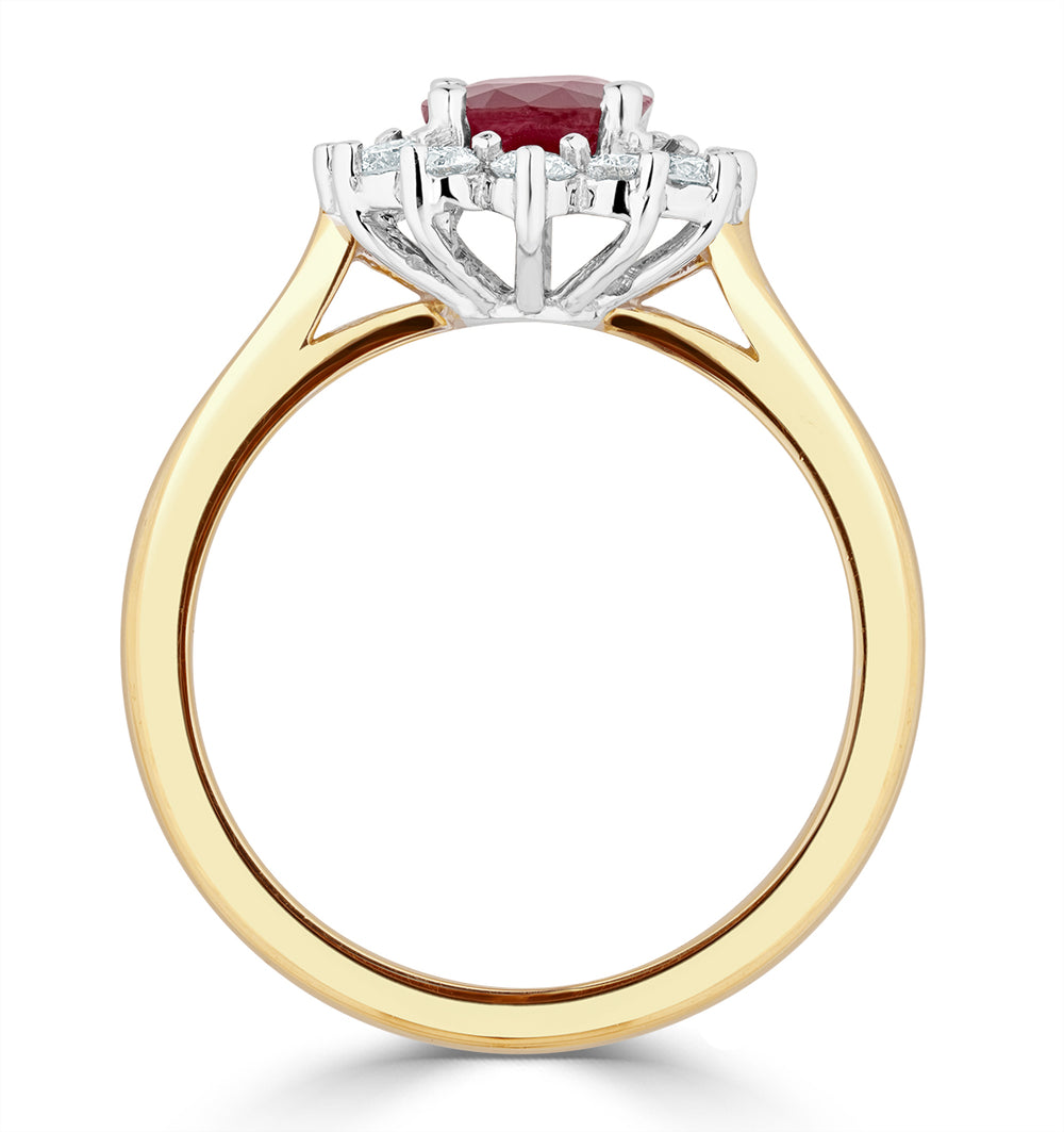 1.35ct Oval Cut Ruby and Lab Diamond Halo Ring in 9K Yellow Gold