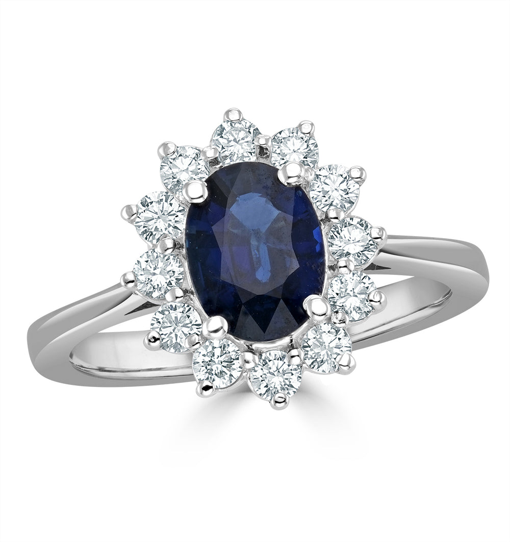 1.55ct Oval Cut Sapphire and Lab Diamond Halo Ring in 9K White Gold