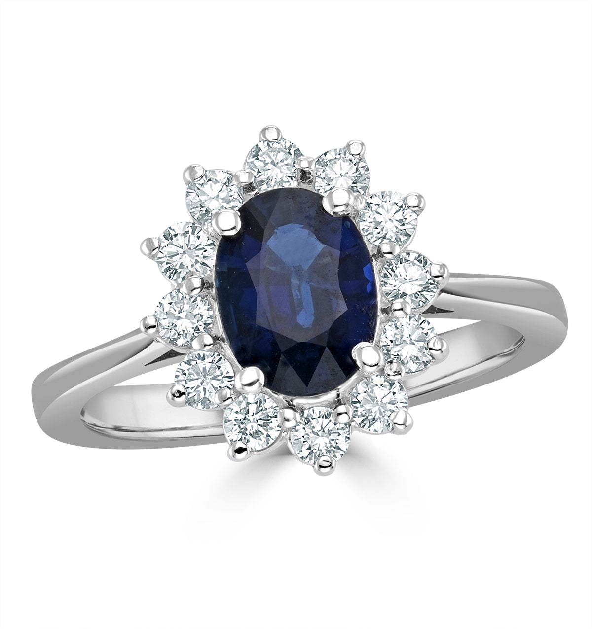 1.55ct Oval Cut Sapphire and Lab Diamond Halo Ring in 9K White Gold