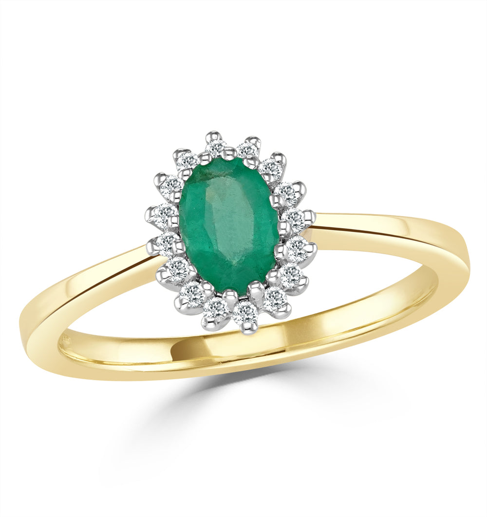 Emerald 6 x 4mm And Diamond 9K Gold Ring A3205