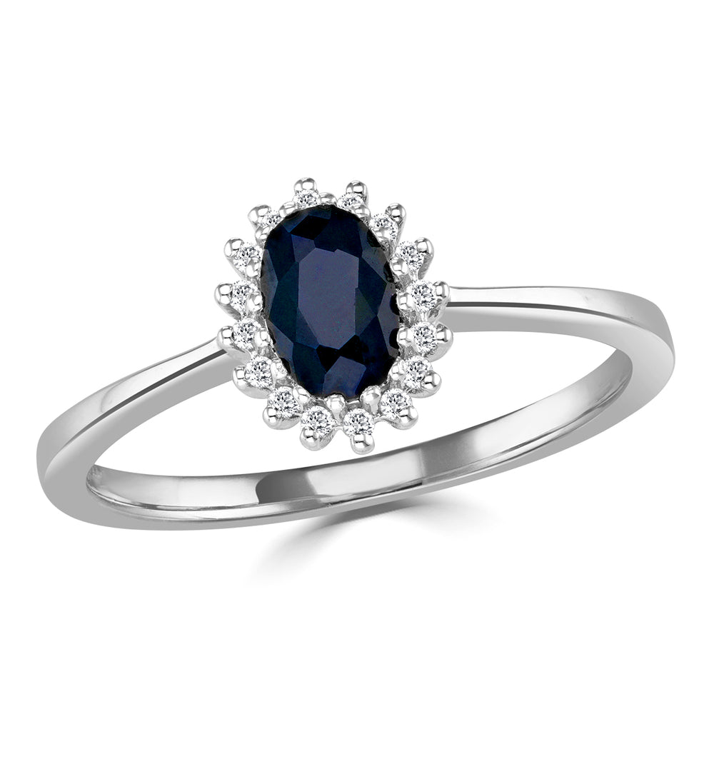 Sapphire 6 x 4mm And Diamond 9K White Gold Ring A4433