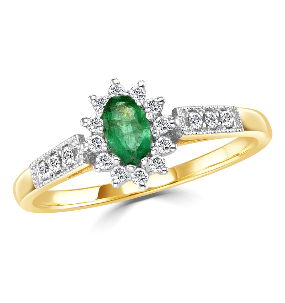 Emerald 5 x 3mm And Diamond 9K Gold Ring A3203