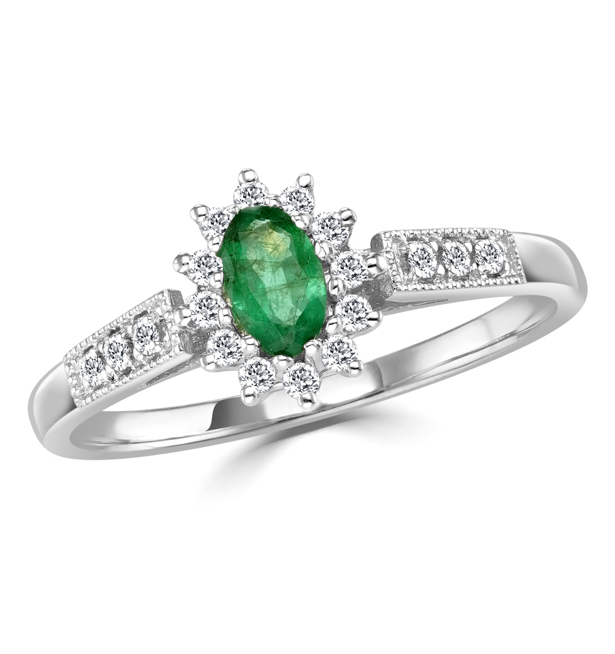 Emerald 5 x 3mm And Diamond 9K White Gold Ring
