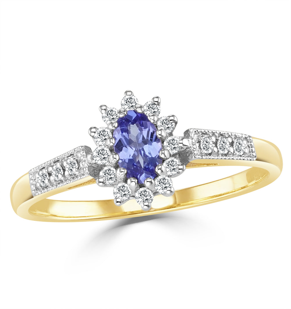Tanzanite 5 x 3mm And Diamond 9K Gold Ring