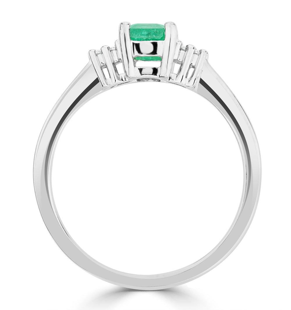 Emerald 6 x 4mm And Diamond 18K White Gold Ring