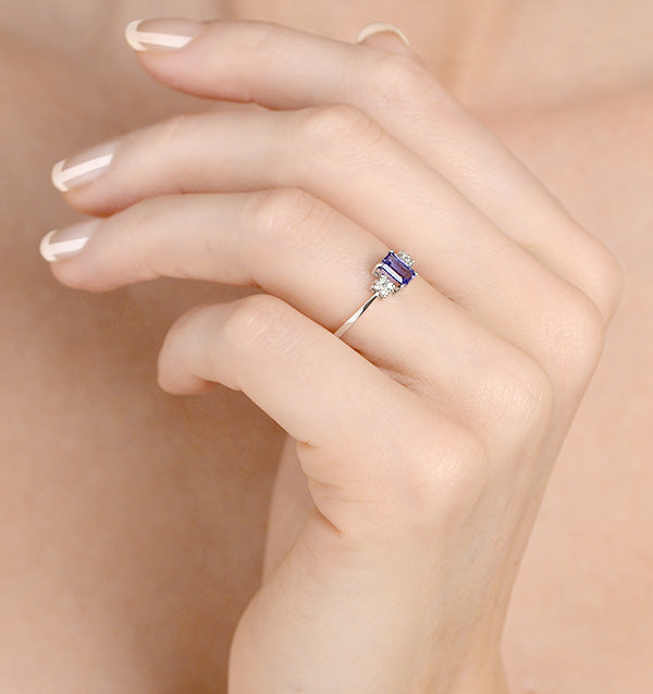 Tanzanite 6 x 4mm And Diamond 18K White Gold Ring FET37-VY