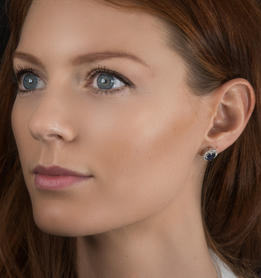 Sapphire 7mm x 5mm And Diamond 18K White Gold Earrings