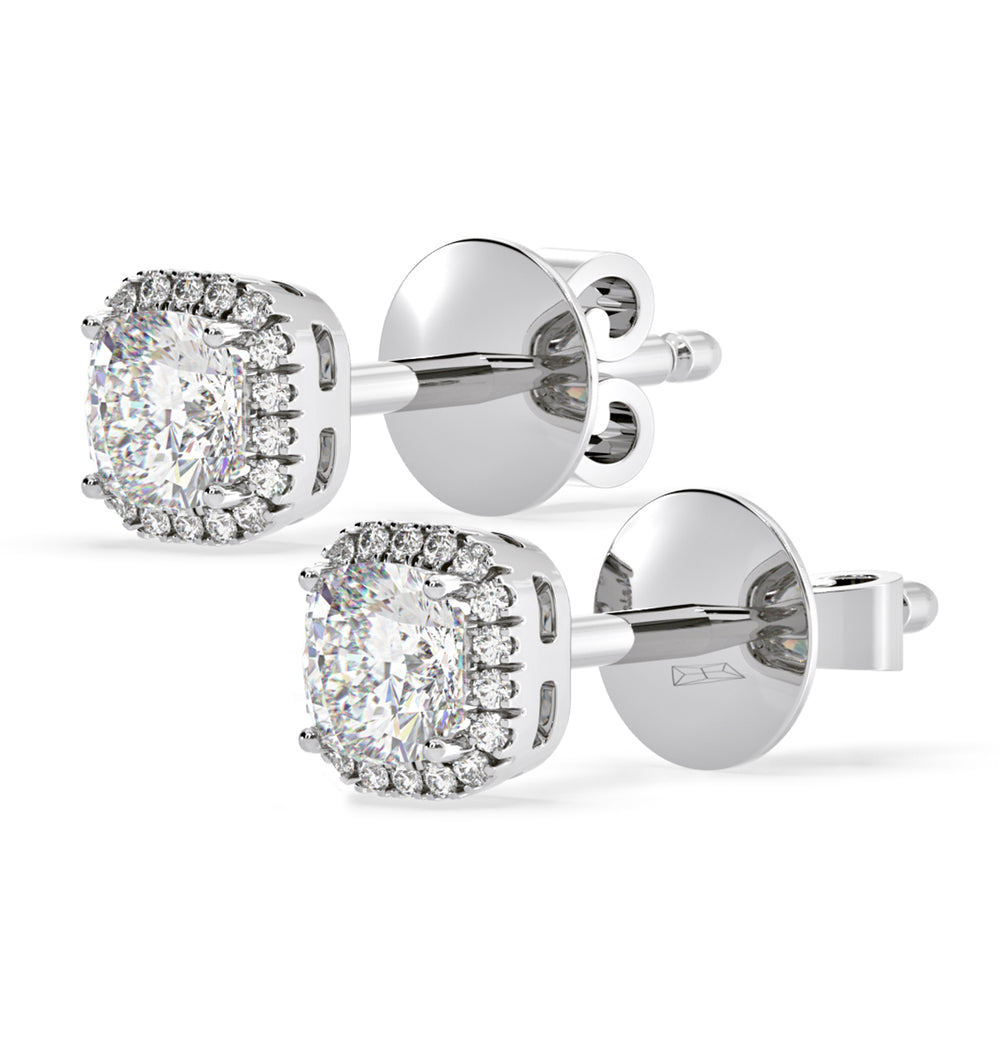Beatrice Cushion Cut Lab Diamond Halo Earrings 1.30ct in 18K White Gold F/VS1