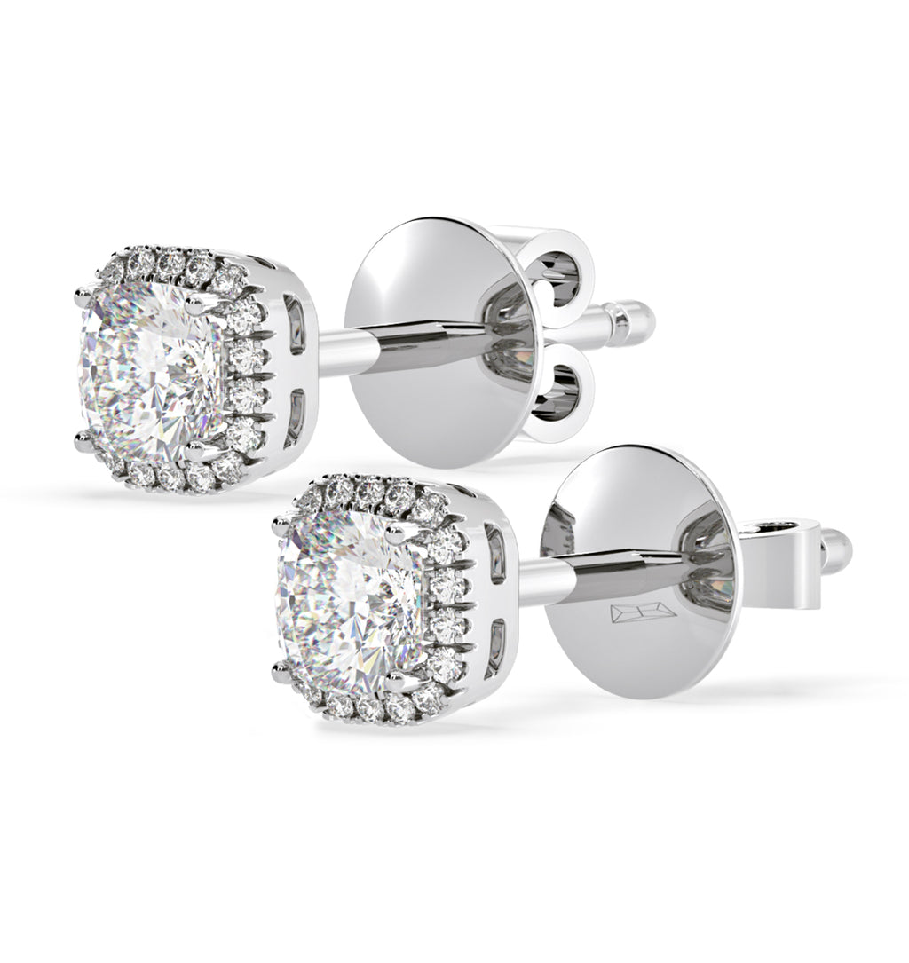 Beatrice Cushion Cut Lab Diamond Halo Earrings 1.30ct in 18K White Gold F/VS1
