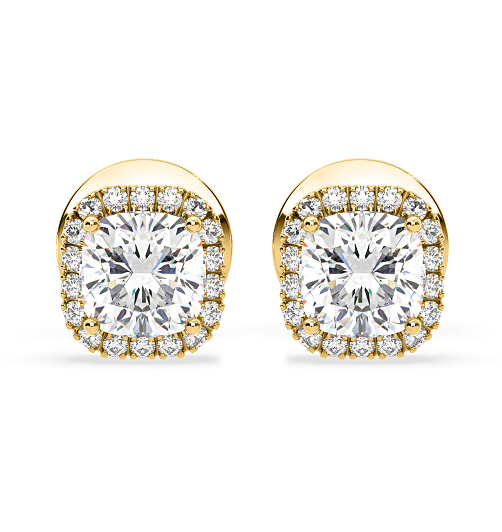 Beatrice Cushion Cut Lab Diamond Halo Earrings 1.30ct in 18K Yellow Gold F/VS1