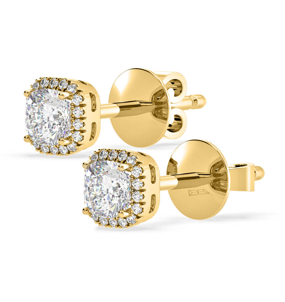 Beatrice Cushion Cut Lab Diamond Halo Earrings 1.30ct in 18K Yellow Gold F/VS1