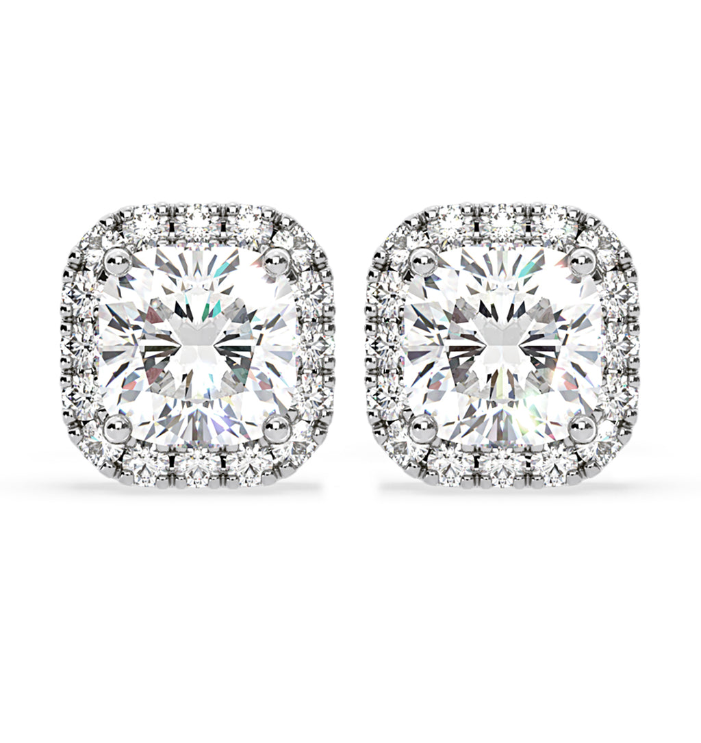 Beatrice Cushion Cut Lab Diamond Halo Earrings 2.45ct in 18K White Gold F/VS1