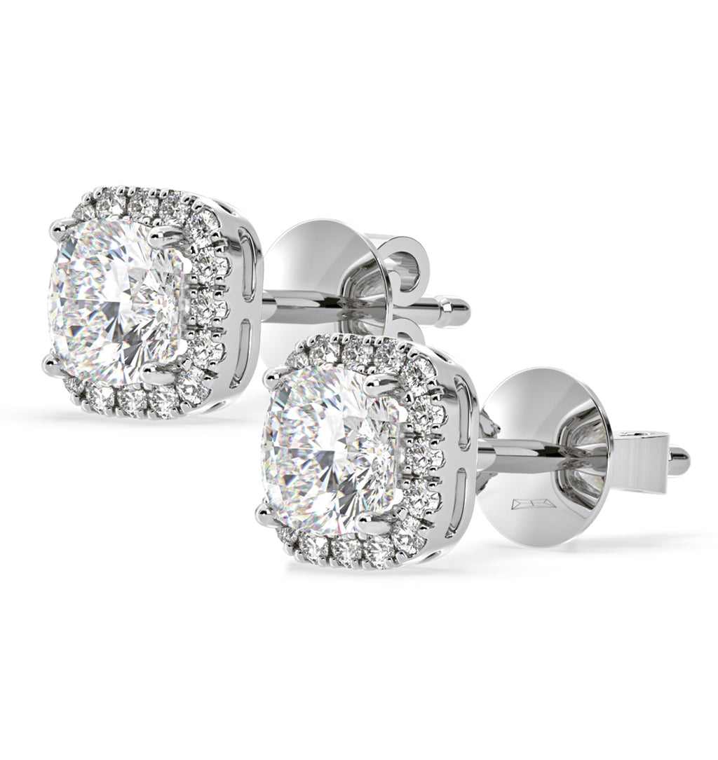 Beatrice Cushion Cut Lab Diamond Halo Earrings 2.45ct in 18K White Gold F/VS1