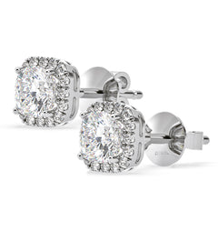 Beatrice Cushion Cut Lab Diamond Halo Earrings 2.45ct in 18K White Gold F/VS1