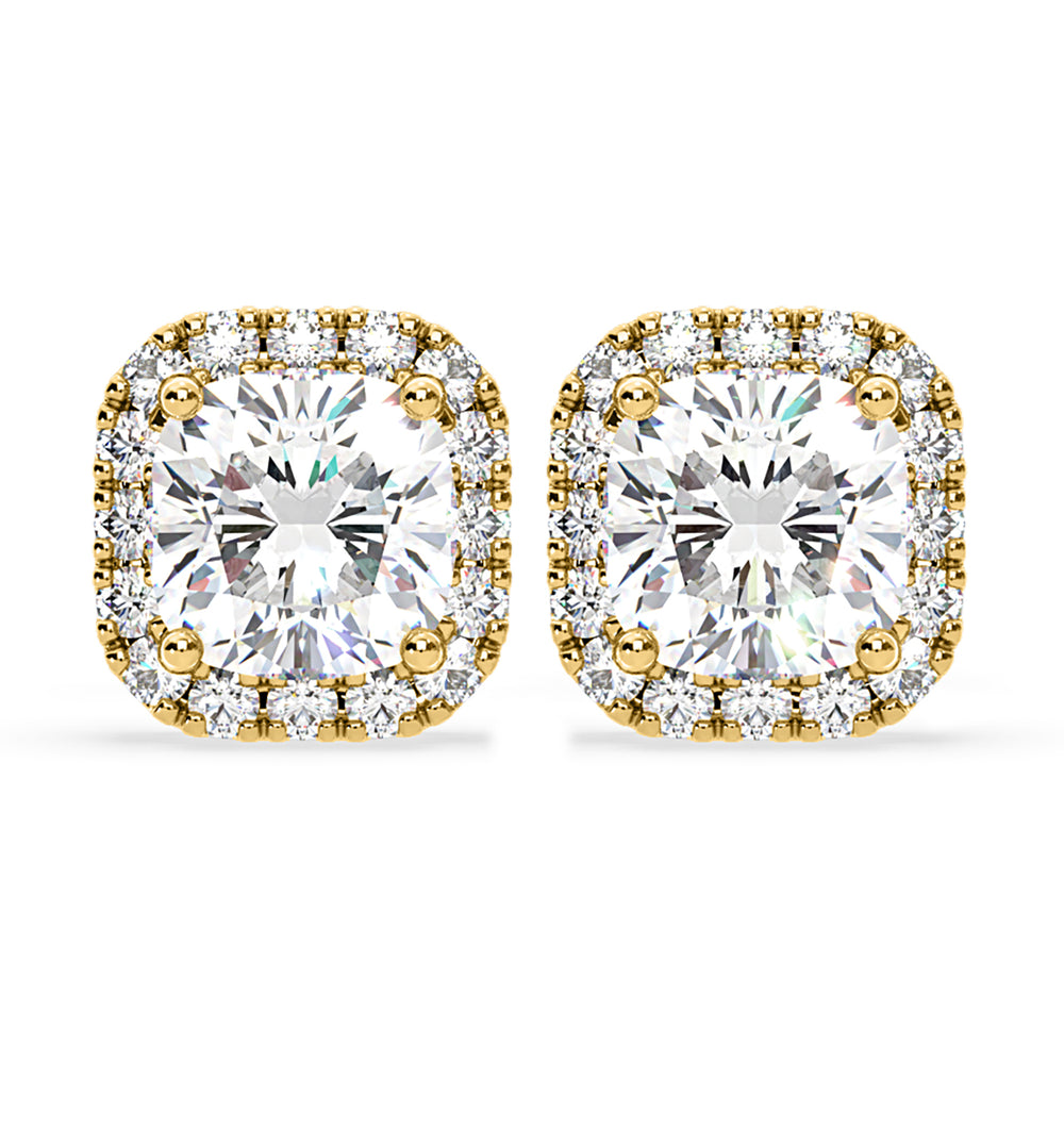 Beatrice Cushion Cut Lab Diamond Halo Earrings 2.45ct in 18K Yellow Gold F/VS1