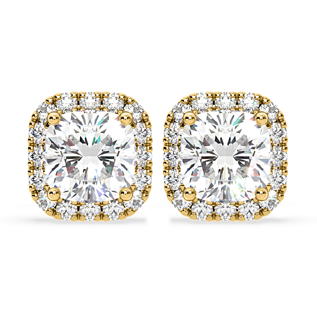 Beatrice Cushion Cut Lab Diamond Halo Earrings 2.45ct in 18K Yellow Gold F/VS1