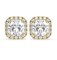 Beatrice Cushion Cut Lab Diamond Halo Earrings 2.45ct in 18K Yellow Gold F/VS1
