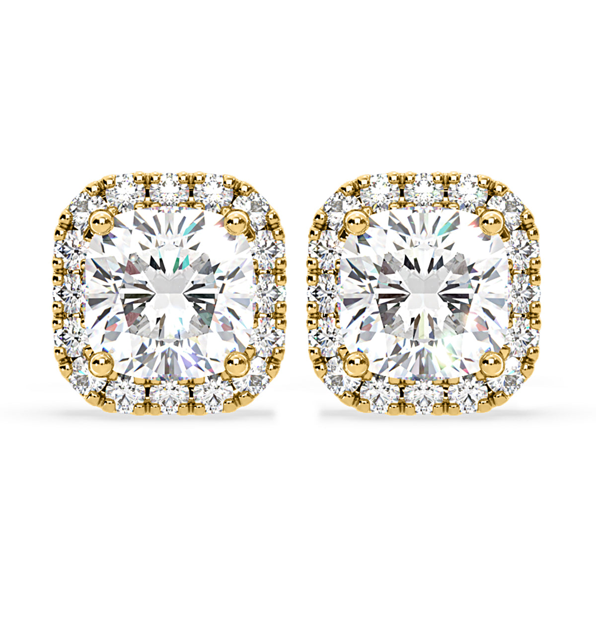 Beatrice Cushion Cut Lab Diamond Halo Earrings 2.45ct in 18K Yellow Gold F/VS1