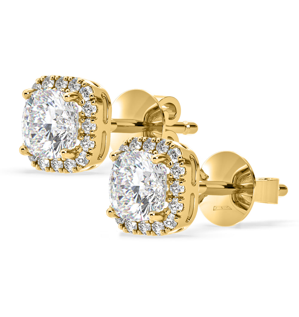 Beatrice Cushion Cut Lab Diamond Halo Earrings 2.45ct in 18K Yellow Gold F/VS1