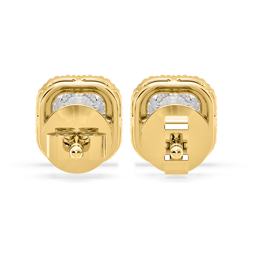 Beatrice Cushion Cut Lab Diamond Halo Earrings 2.45ct in 18K Yellow Gold F/VS1