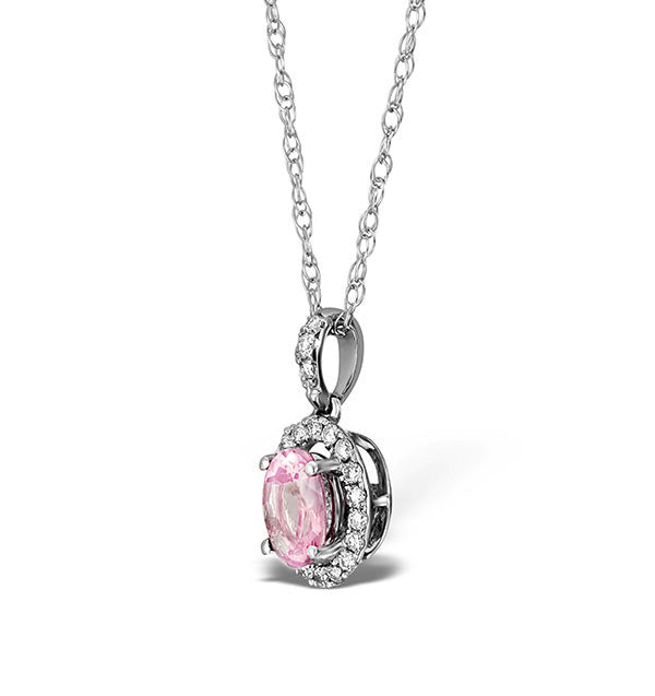 Pink Sapphire 7 X 5mm and Diamond 18K White Gold Pendant Necklace